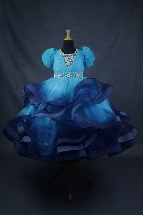 Pre-Order: Navy Blue and Sky Blue twirled gown with rich white bead work gown