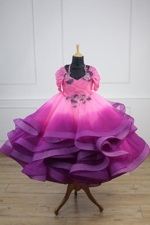 Pre-Order: Smokey Pink Weaves -Pink and Purple Ombre Shaded Party Wear Gown With Weave Pattern Yoke