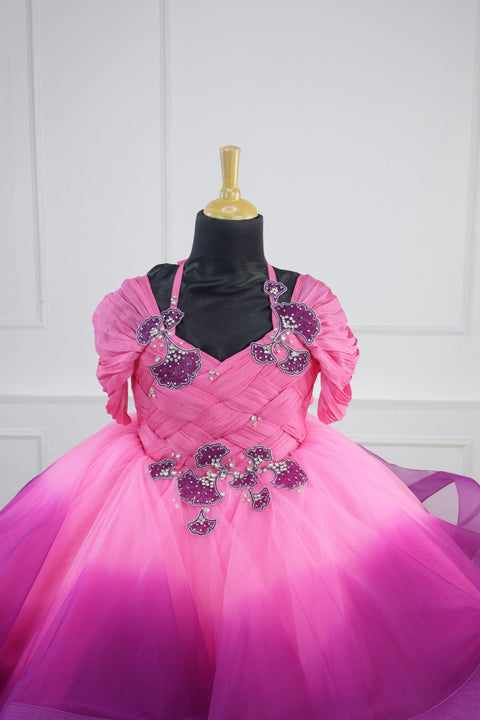 Pre-Order: Smokey Pink Weaves -Pink and Purple Ombre Shaded Party Wear Gown With Weave Pattern Yoke