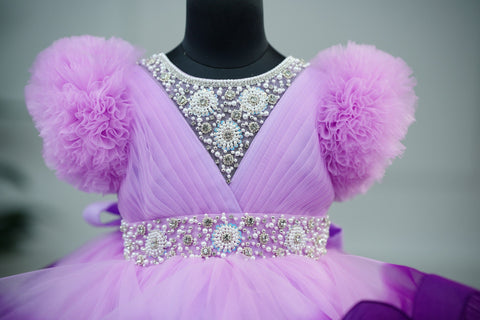Pre-Order:  Lavender Pink and Grape Purple twirled gown with rich white bead work gown