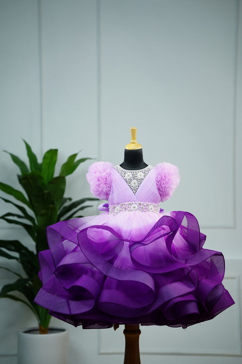 Pre-Order:  Lavender Pink and Grape Purple twirled gown with rich white bead work gown