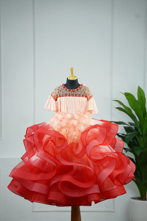 Pre-Order:  Peach Beauty- Peach And Red Ombre Shade Gown With Stylish Embellishments