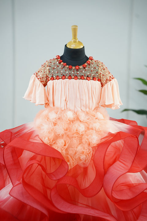 Pre-Order:  Peach Beauty- Peach And Red Ombre Shade Gown With Stylish Embellishments