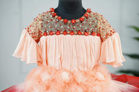 Pre-Order:  Peach Beauty- Peach And Red Ombre Shade Gown With Stylish Embellishments