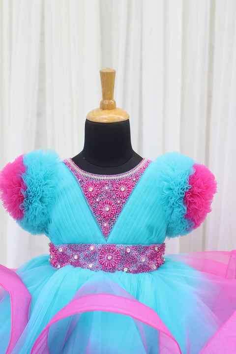 Pre-Order:  Light Blue & Light Pink Twirled Gown With Rich Light Pink Bead Work Gown