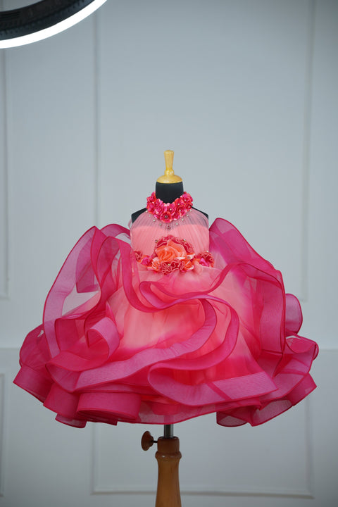 Pre-Order:  Peach and Dark Pink Ombre Shaded Halter Neck Partywear Gown