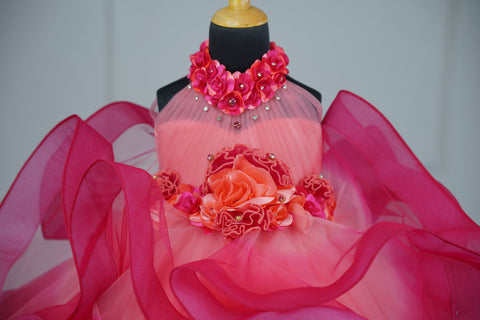 Pre-Order:  Peach and Dark Pink Ombre Shaded Halter Neck Partywear Gown