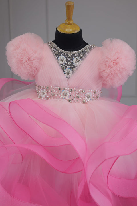 Pre-Order:  Icey Pink And Rose Pink Twirled Gown With Rich White Bead Work Gown