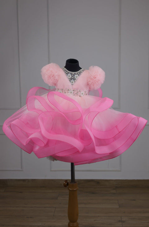 Pre-Order:  Icey Pink And Rose Pink Twirled Gown With Rich White Bead Work Gown