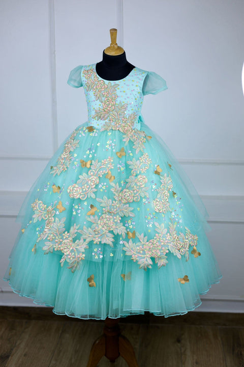 Pre-Order:  Aqua Green Firefly Princess Gown With LED lights And  Multicolor Lace embellishments