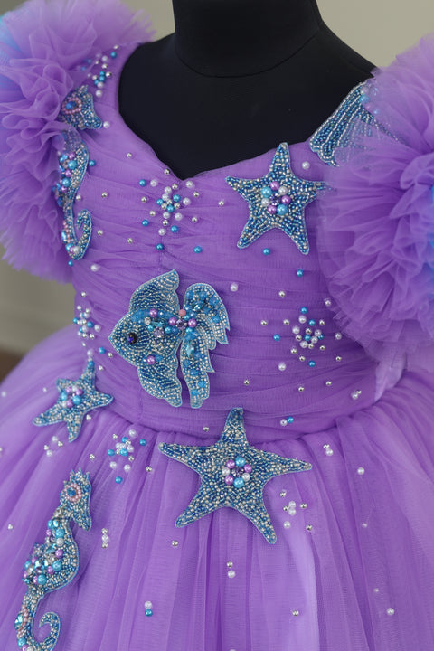 Pre-Order: Aquamarine - Lavender and Pale Turquoise Double Shaded Party Gown with Heavy Bead Patches of Underwater Theme