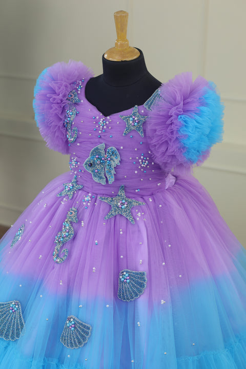 Pre-Order: Aquamarine - Lavender and Pale Turquoise Double Shaded Party Gown with Heavy Bead Patches of Underwater Theme
