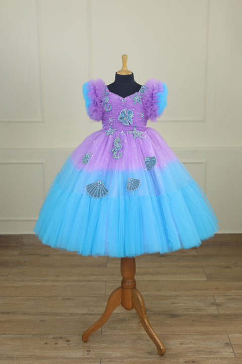 Pre-Order: Aquamarine - Lavender and Pale Turquoise Double Shaded Party Gown with Heavy Bead Patches of Underwater Theme
