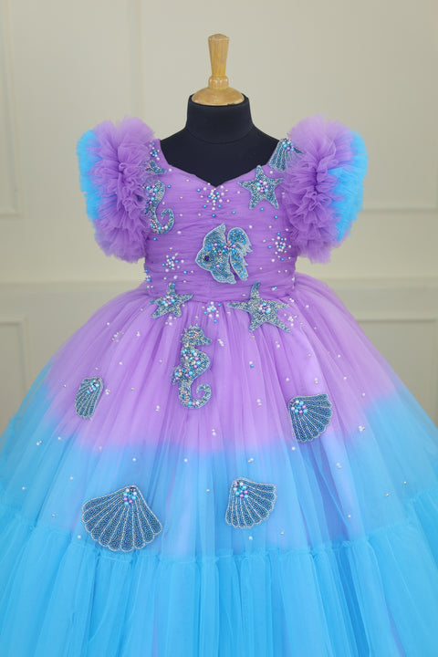 Pre-Order: Aquamarine - Lavender and Pale Turquoise Double Shaded Party Gown with Heavy Bead Patches of Underwater Theme