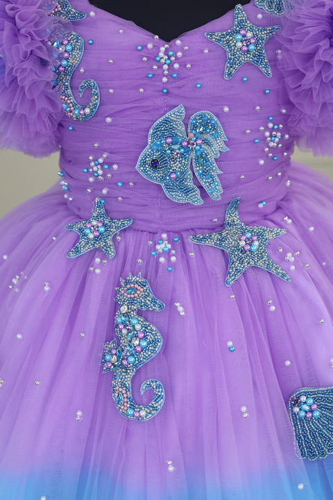 Pre-Order: Aquamarine - Lavender and Pale Turquoise Double Shaded Party Gown with Heavy Bead Patches of Underwater Theme