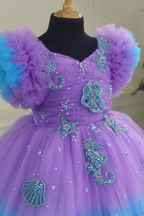 Pre-Order: Aquamarine - Lavender and Pale Turquoise Double Shaded Party Gown with Heavy Bead Patches of Underwater Theme