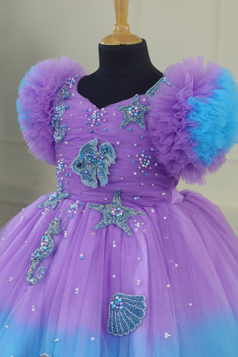Pre-Order: Aquamarine - Lavender and Pale Turquoise Double Shaded Party Gown with Heavy Bead Patches of Underwater Theme