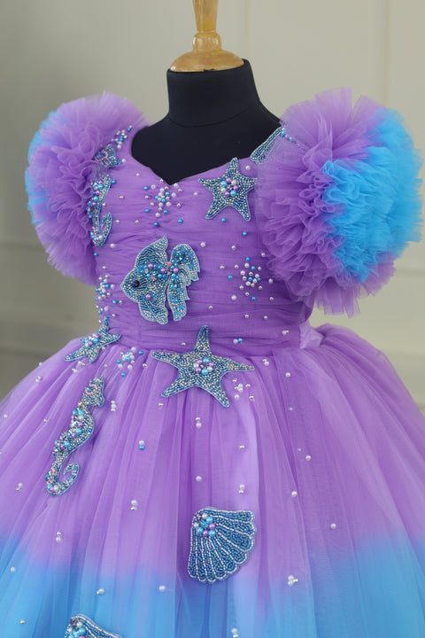 Pre-Order: Aquamarine - Lavender and Pale Turquoise Double Shaded Party Gown with Heavy Bead Patches of Underwater Theme