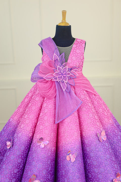 Pre-Order: Rose Pink and Lavender Double Shaded Panel Gown with Fabric Manipulated Twirled Detachable Belt
