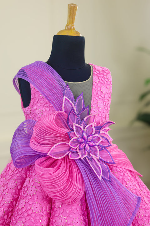 Pre-Order: Rose Pink and Lavender Double Shaded Panel Gown with Fabric Manipulated Twirled Detachable Belt