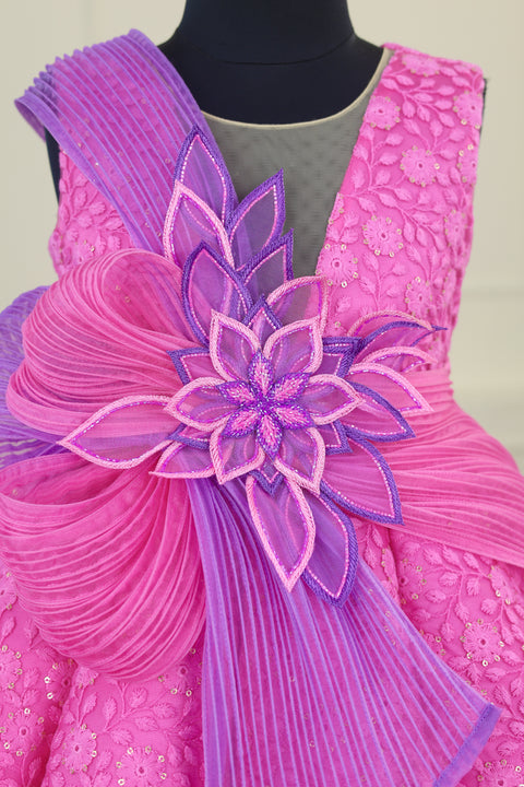 Pre-Order: Rose Pink and Lavender Double Shaded Panel Gown with Fabric Manipulated Twirled Detachable Belt