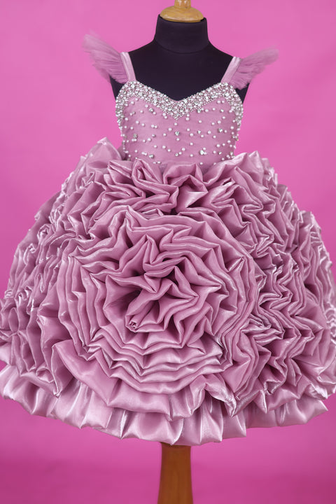 Pre-Order: Dusty Lilac Shade Rosette Dresses Embellished with Pearls and Stone's.