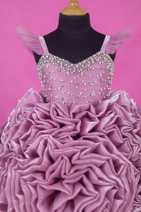 Pre-Order: Dusty Lilac Shade Rosette Dresses Embellished with Pearls and Stone's.