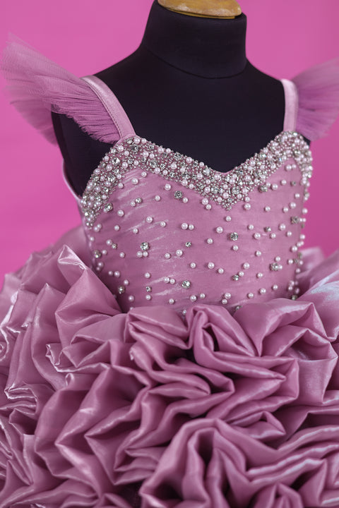 Pre-Order: Dusty Lilac Shade Rosette Dresses Embellished with Pearls and Stone's.