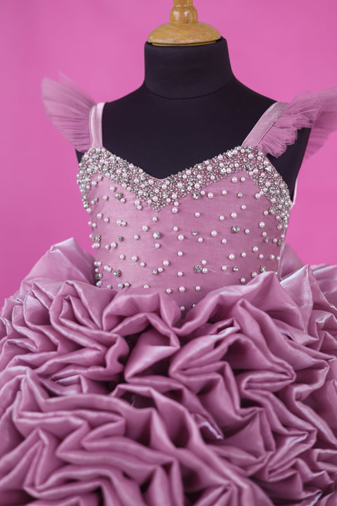 Pre-Order: Dusty Lilac Shade Rosette Dresses Embellished with Pearls and Stone's.