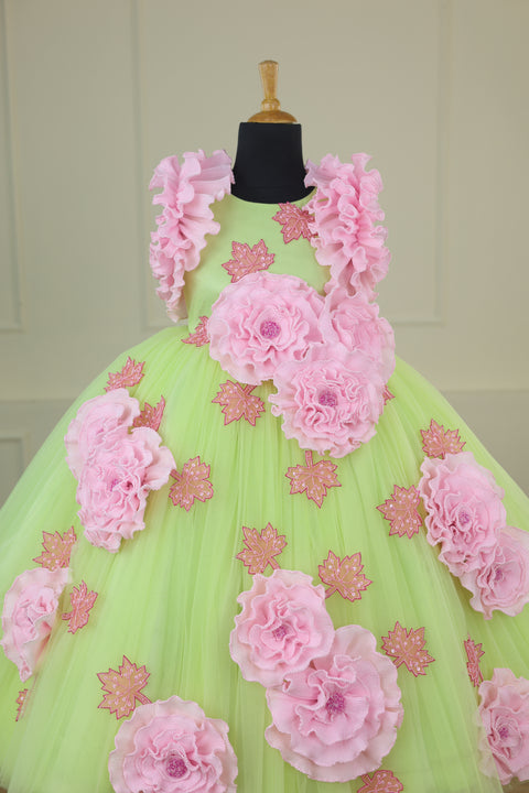 Pre-Order: Neon Green and Pink Colour Couture Party Gown With Hand Crafted Flower Details & Maple Leaf Applique