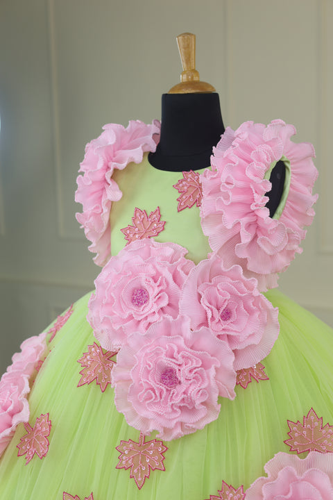 Pre-Order: Neon Green and Pink Colour Couture Party Gown With Hand Crafted Flower Details & Maple Leaf Applique