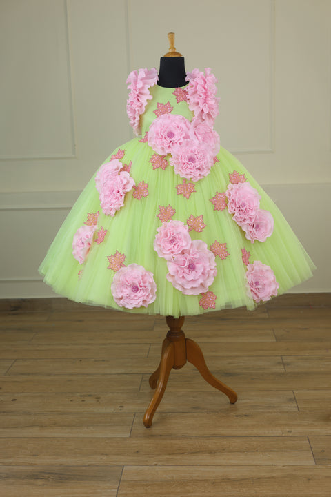 Pre-Order: Neon Green and Pink Colour Couture Party Gown With Hand Crafted Flower Details & Maple Leaf Applique
