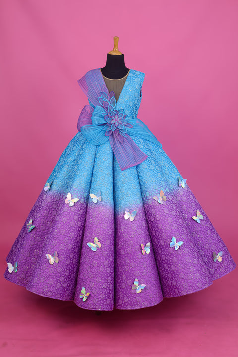 Pre-Order: Blue and Lavender Double Shaded Panel Gown with Fabric Manipulated Twirled Detachable Belt