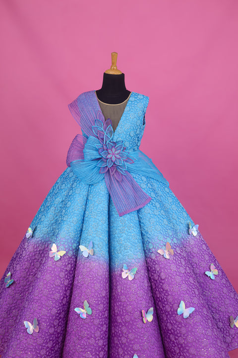 Pre-Order: Blue and Lavender Double Shaded Panel Gown with Fabric Manipulated Twirled Detachable Belt