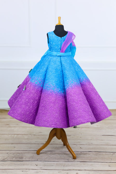 Pre-Order: Blue and Lavender Double Shaded Panel Gown with Fabric Manipulated Twirled Detachable Belt
