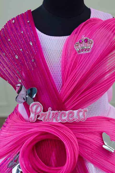 Pre-Order: Pink Rainbow Shimmer Panel Gown with Fabric Manipulated Twirled Detailing.