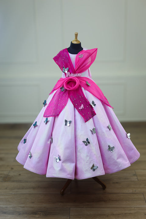 Pre-Order: Pink Rainbow Shimmer Panel Gown with Fabric Manipulated Twirled Detailing.