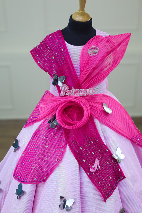 Pre-Order: Pink Rainbow Shimmer Panel Gown with Fabric Manipulated Twirled Detailing.