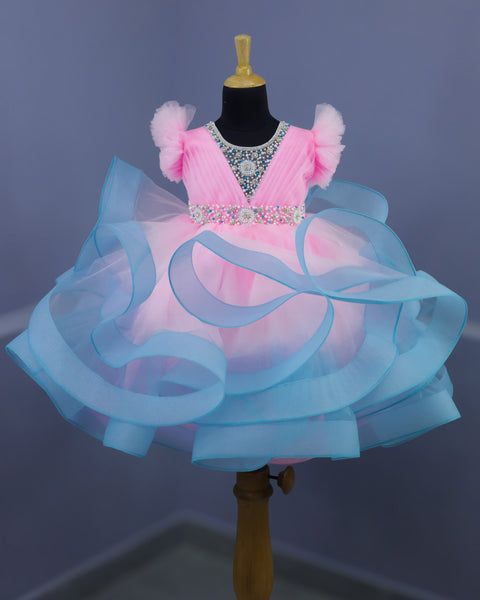 Pre-Order: Baby Pink and Sky Blue Twirled Gown with Rich White Bead Work.