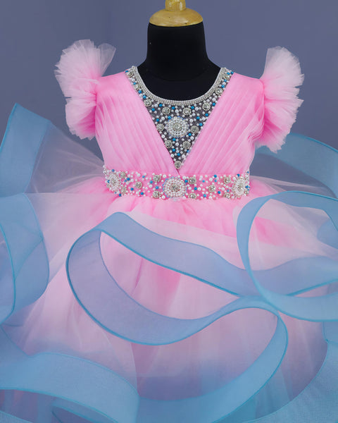 Pre-Order: Baby Pink and Sky Blue Twirled Gown with Rich White Bead Work.