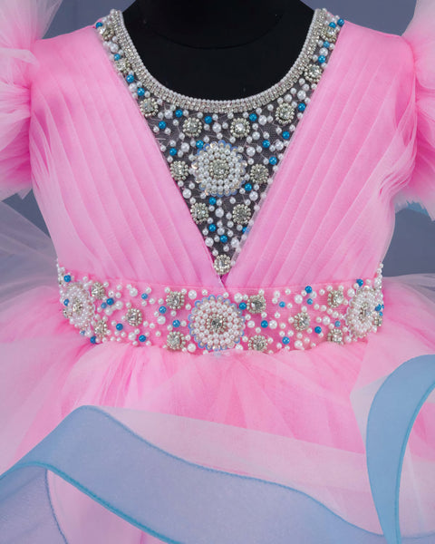 Pre-Order: Baby Pink and Sky Blue Twirled Gown with Rich White Bead Work.