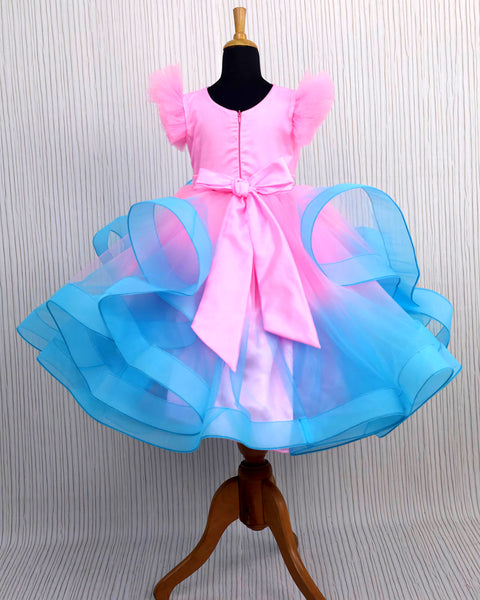Pre-Order: Baby Pink and Sky Blue Twirled Gown with Rich White Bead Work.