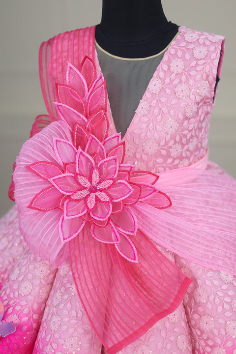 Pre-Order: Rose Pink and Icey Pink Double Shaded Panel Gown with Fabric Manipulated Twirled Detachable Belt.