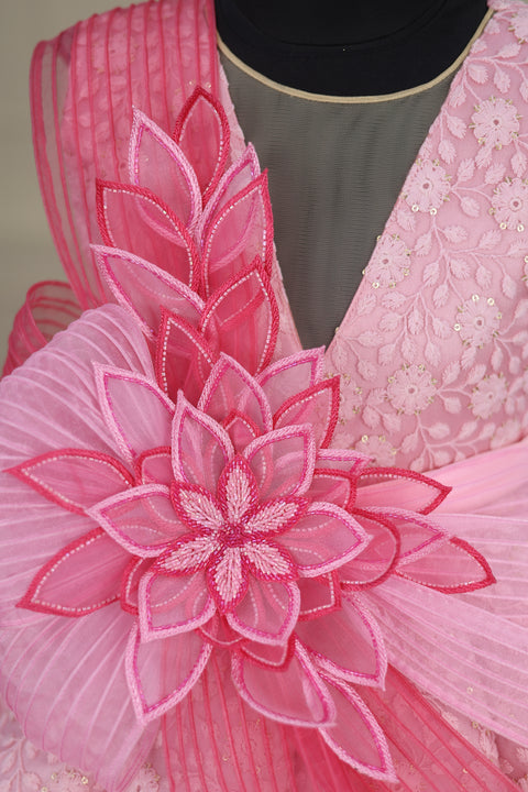 Pre-Order: Rose Pink and Icey Pink Double Shaded Panel Gown with Fabric Manipulated Twirled Detachable Belt.