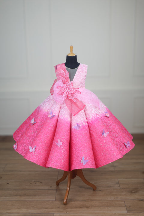 Pre-Order: Rose Pink and Icey Pink Double Shaded Panel Gown with Fabric Manipulated Twirled Detachable Belt.