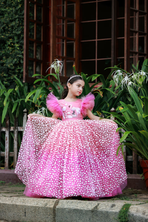 Pre-Order: Peach And Onion Pink Flamingo Theme Dress Highlighted With Handwork