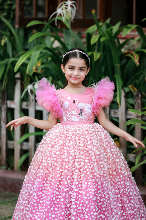 Pre-Order: Peach And Onion Pink Flamingo Theme Dress Highlighted With Handwork