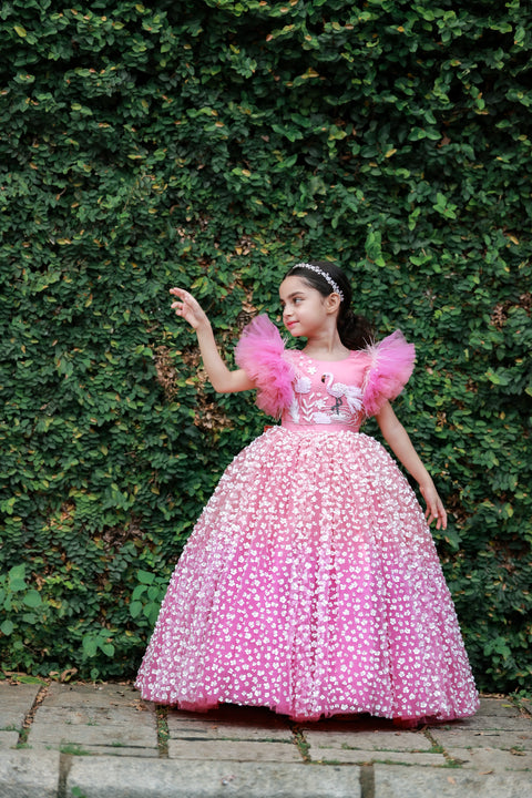 Pre-Order: Peach And Onion Pink Flamingo Theme Dress Highlighted With Handwork