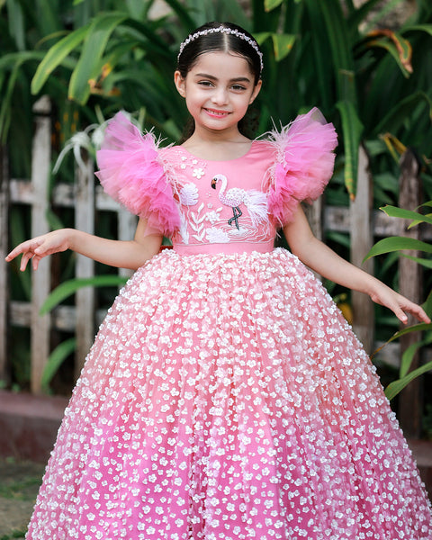 Pre-Order: Peach And Onion Pink Flamingo Theme Dress Highlighted With Handwork