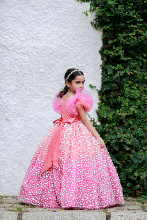 Pre-Order: Peach And Onion Pink Flamingo Theme Dress Highlighted With Handwork
